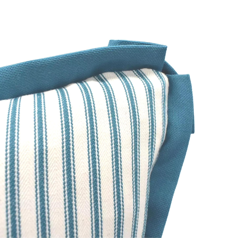 A close-up view of a striped cushion with a blue trim, set against a plain white background.