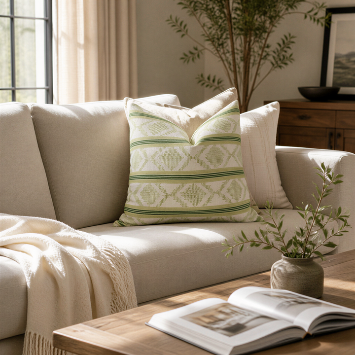 a cozy living room with a beige sofa adorned with a green and white patterned pillow, a white throw blanket, and a wooden coffee table with an open book and a small plant.