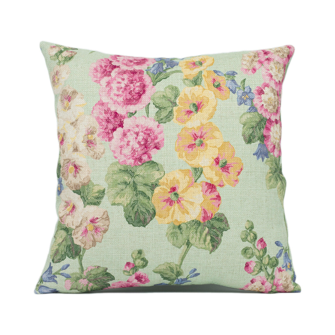 Sanderson - Hollyhocks - Mint / Pink - Vintage Feel Floral Cushion Cover - Handmade Throw Pillow - Designer Home Décor.