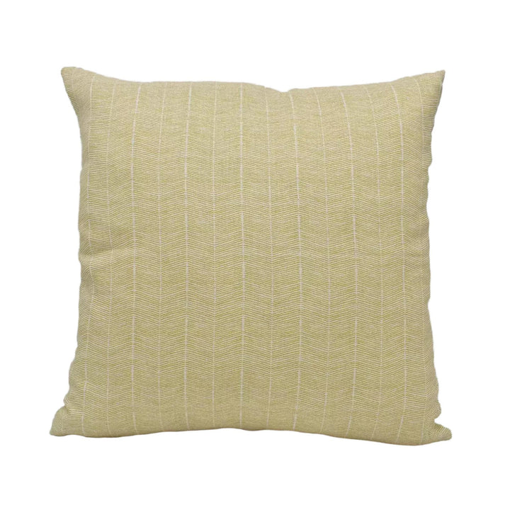 A square throw pillow with a herringbone pattern in a light beige color.