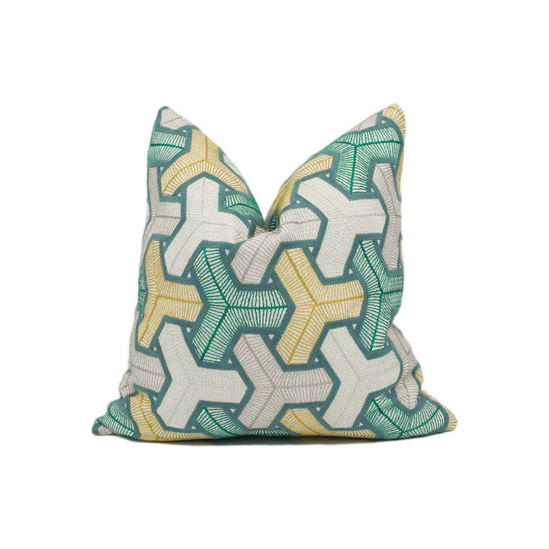 Camengo - Baleares - Vert - Exceptional Embroidered Modern Geometric Designer Cushion Cover - Luxury Throw Pillow - Handmade Home Decor.