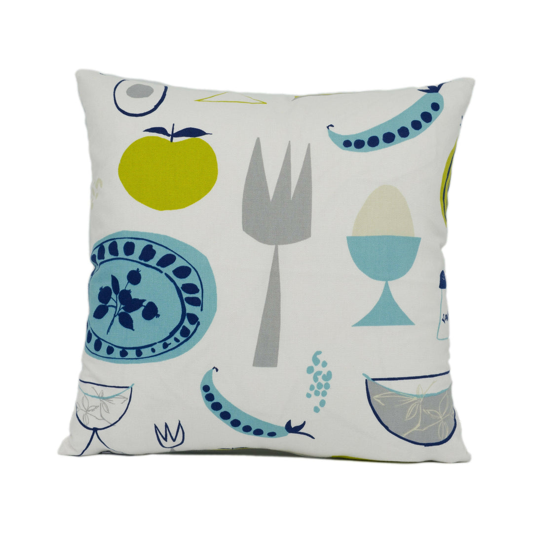 Scion - Carrots & Peas - Chalk / Lime / Teal / Denim - Whimsical Kitchen Cushion Cover - Handmade Throw Pillow Designer Home Décor.