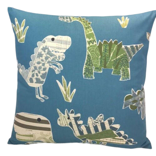 Harlequin - Jolly Jurassic - Ocean / Khaki / Natural - Cute Children's Dinosaur Cushion Cover Handmade Throw Pillow Designer Home Decor.