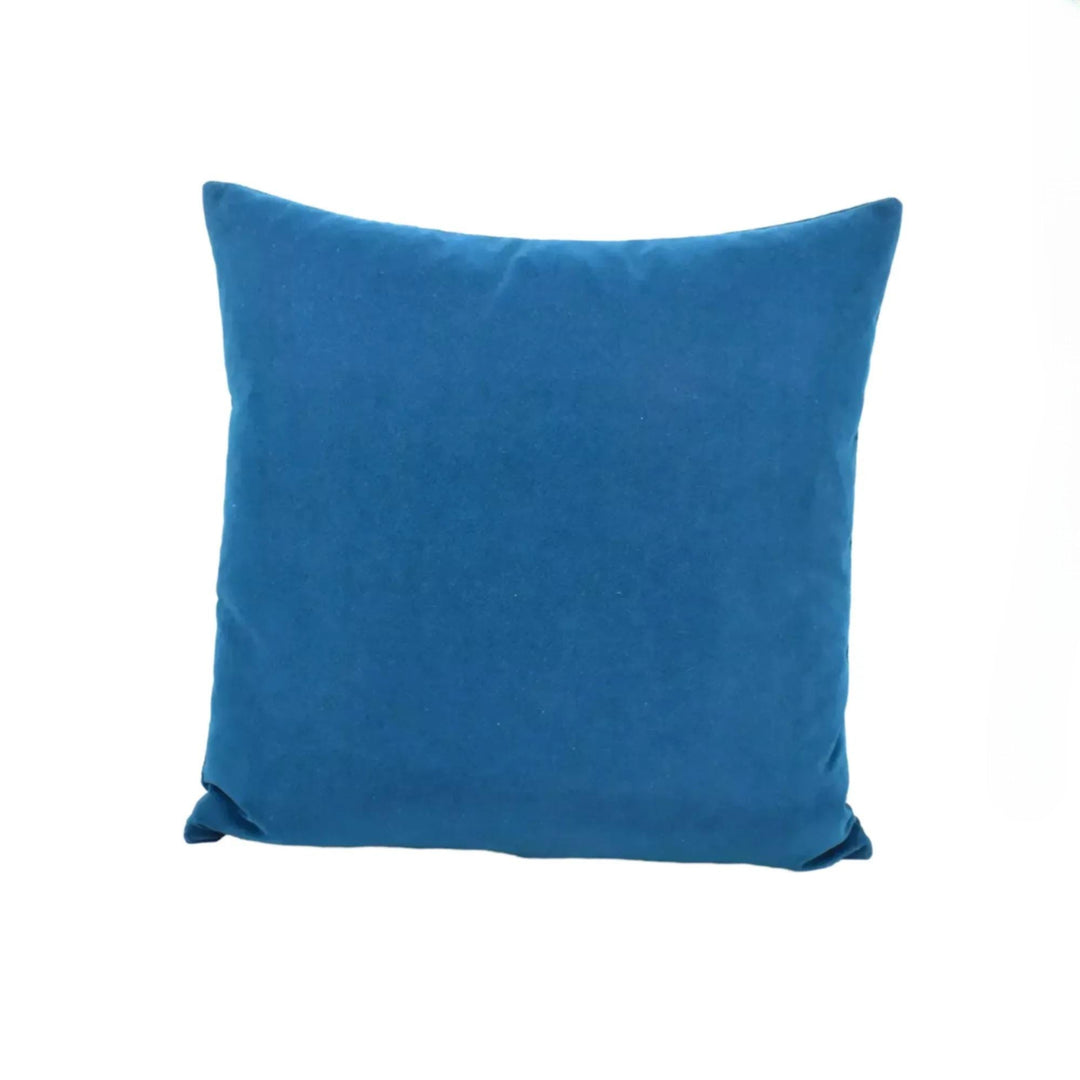 A solid blue square pillow is shown against a white background.