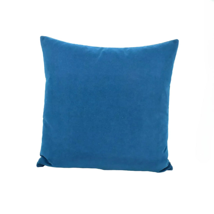 A solid blue square pillow is shown against a white background.