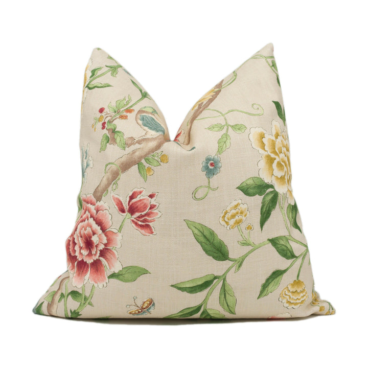 Sanderson - Porcelain Garden - Red / Beige - Delicate Floral and Bird Cushion Cover - Handmade Throw Pillow - Designer Home Décor.