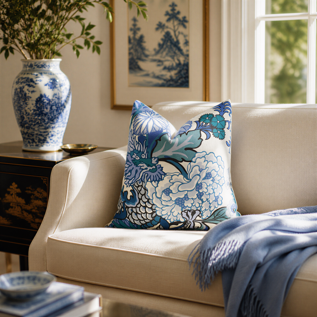a cozy living room with a white sofa adorned with a blue and white floral throw pillow. A blue and white vase with flowers is placed on a side table, and a blue blanket is draped over the arm of the sofa. The room is decorated with a painting on the wall and a window, creating a warm and inviting atmosphere.