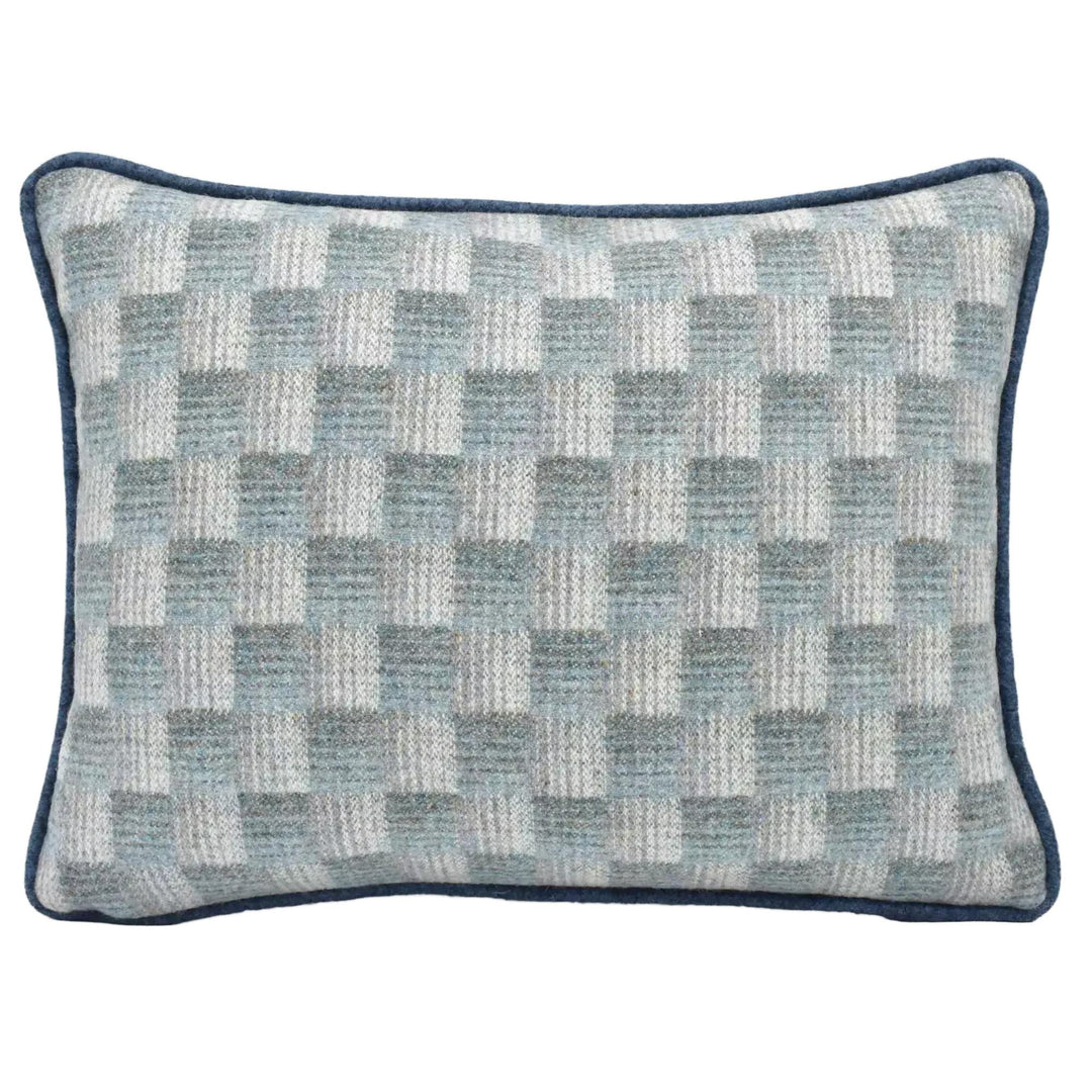 A square throw pillow with a checkered pattern in shades of blue and gray.