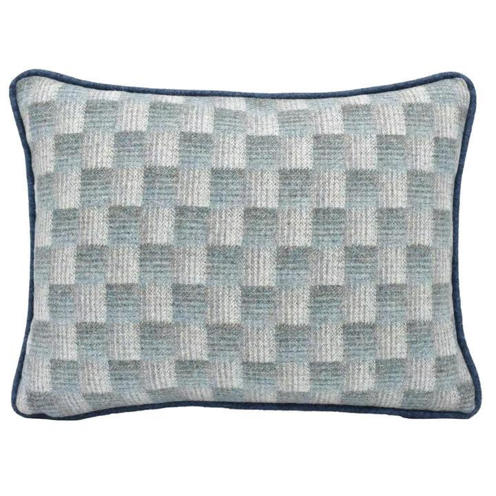 A square throw pillow with a checkered pattern in shades of blue and gray.
