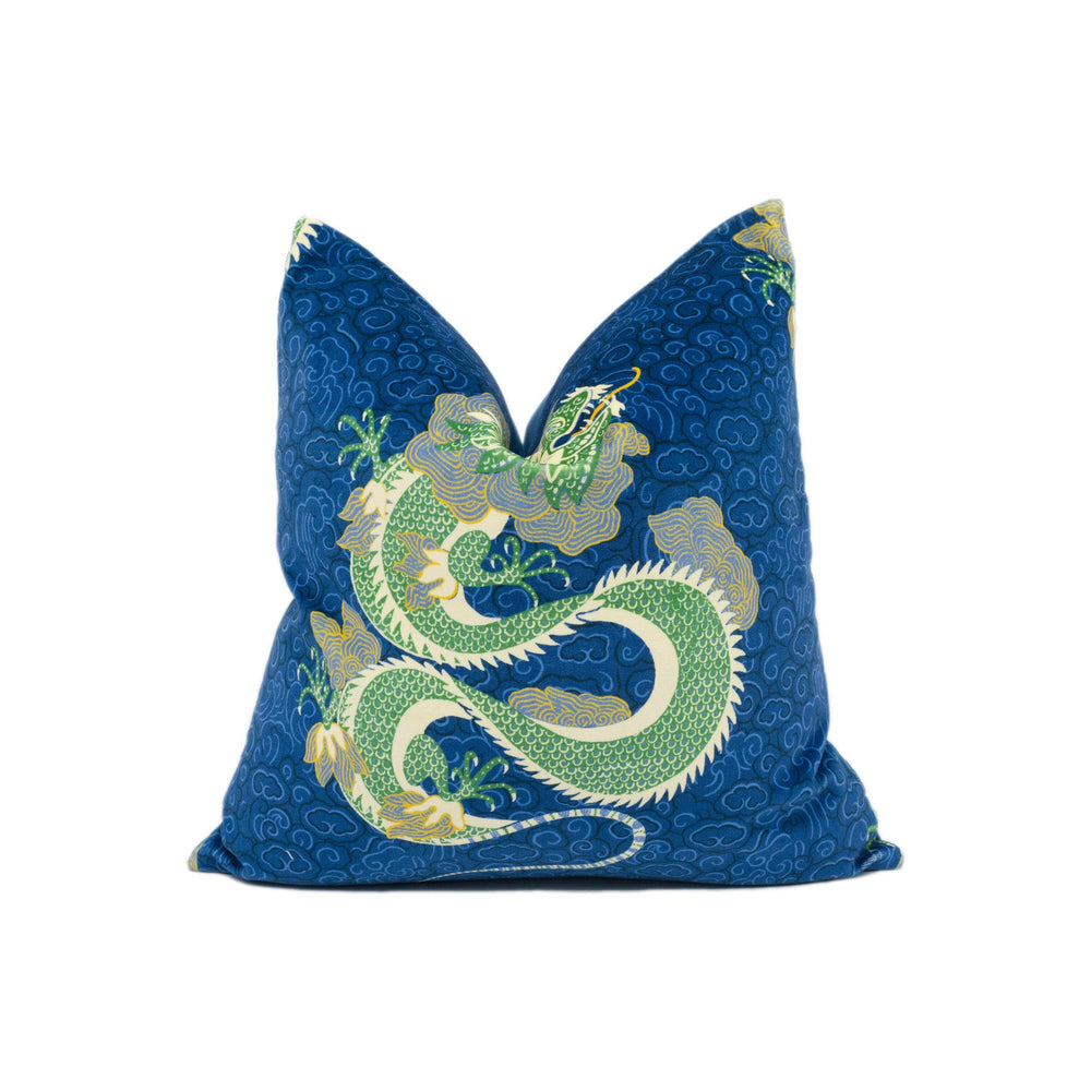 Sanderson - Water Dragon - Emperor Blue / Emerald - Plush Asian Inspired Velvet Cushion Cover - Handmade Throw Pillow - Designer Home Décor.