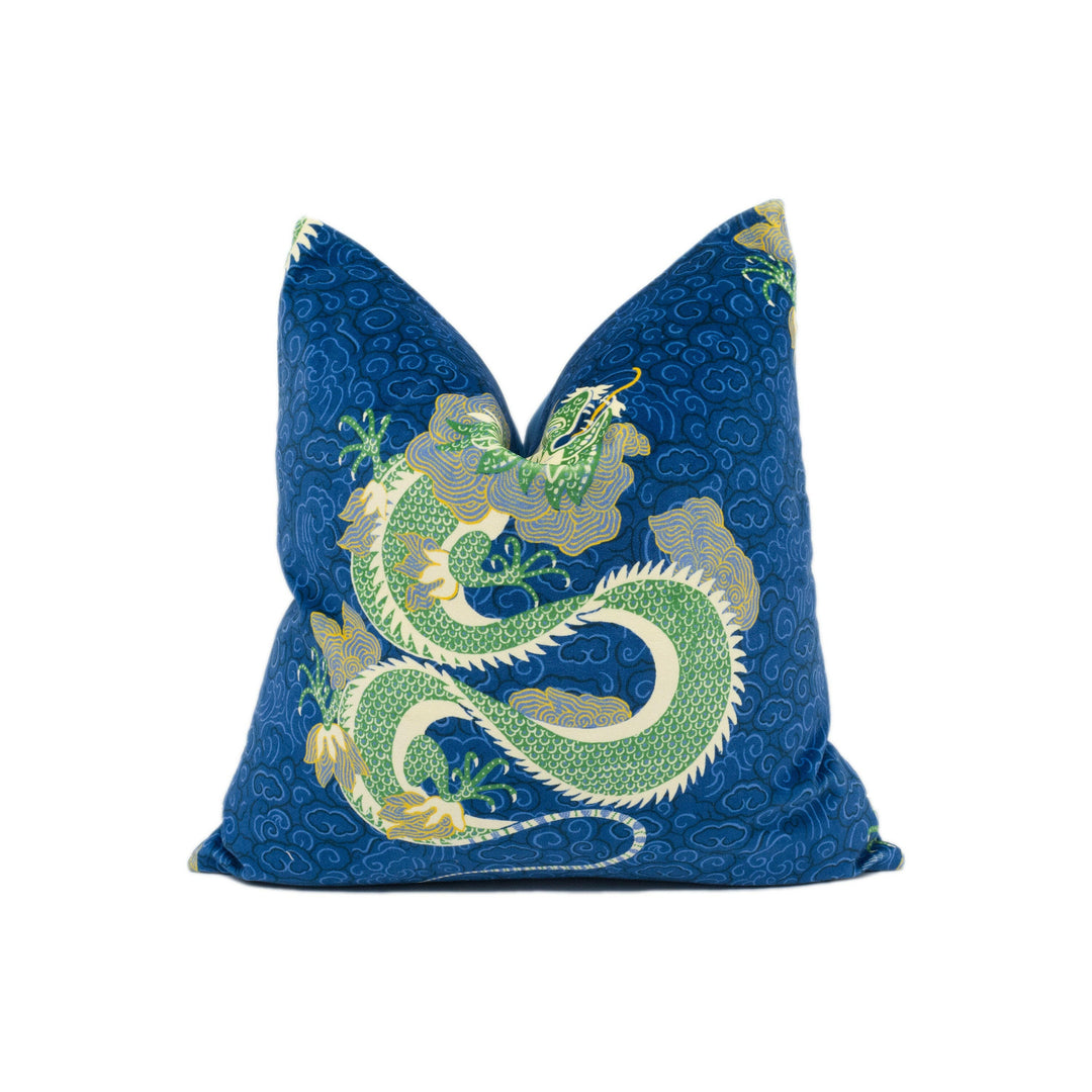 Sanderson - Water Dragon - Emperor Blue / Emerald - Plush Asian Inspired Velvet Cushion Cover - Handmade Throw Pillow - Designer Home Décor.