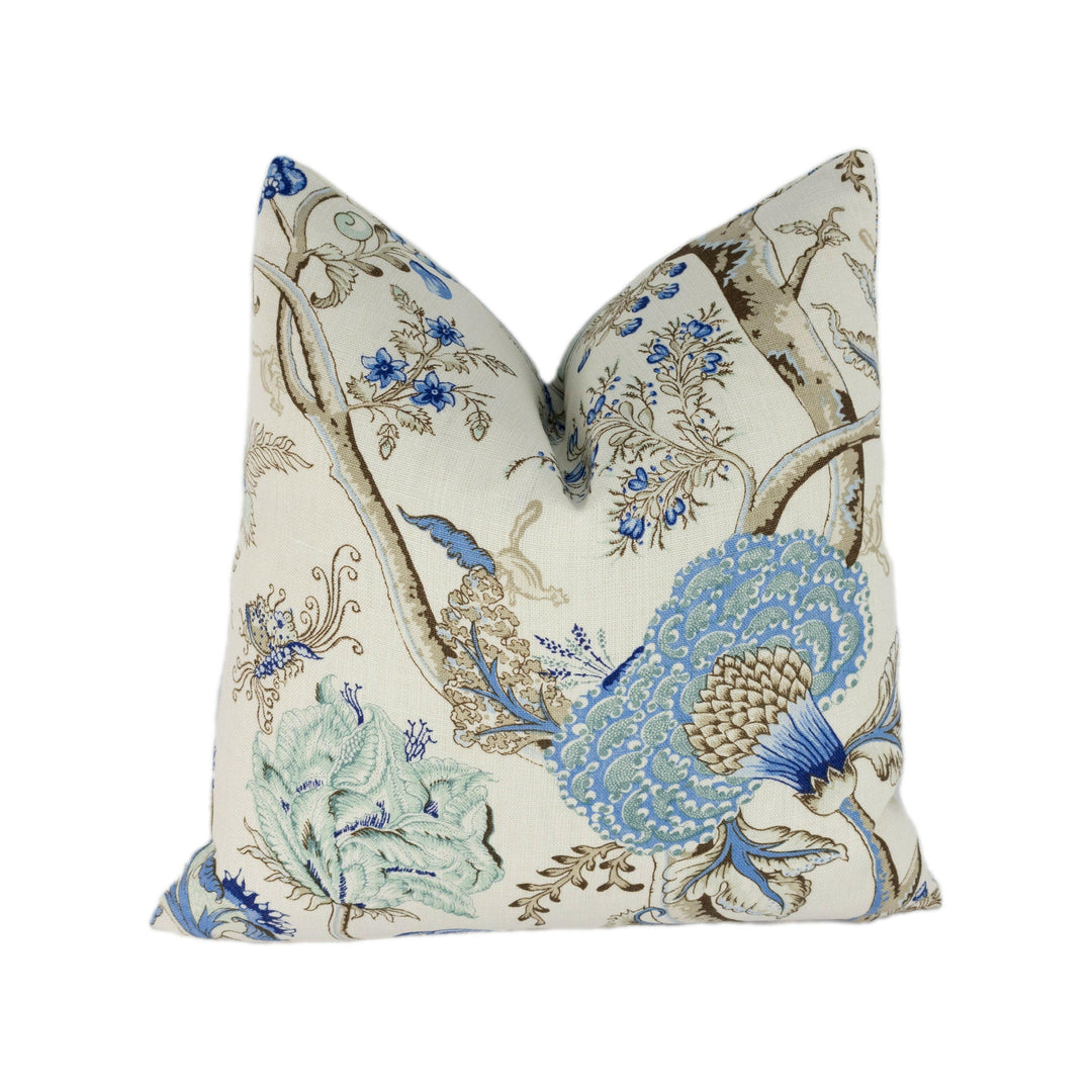 Scalamandre - Pondicherry Linen - Delft - Stunning Indian Tree of Life Floral Designer Cushion Cover Handmade Throw Pillow Luxury Home Decor.