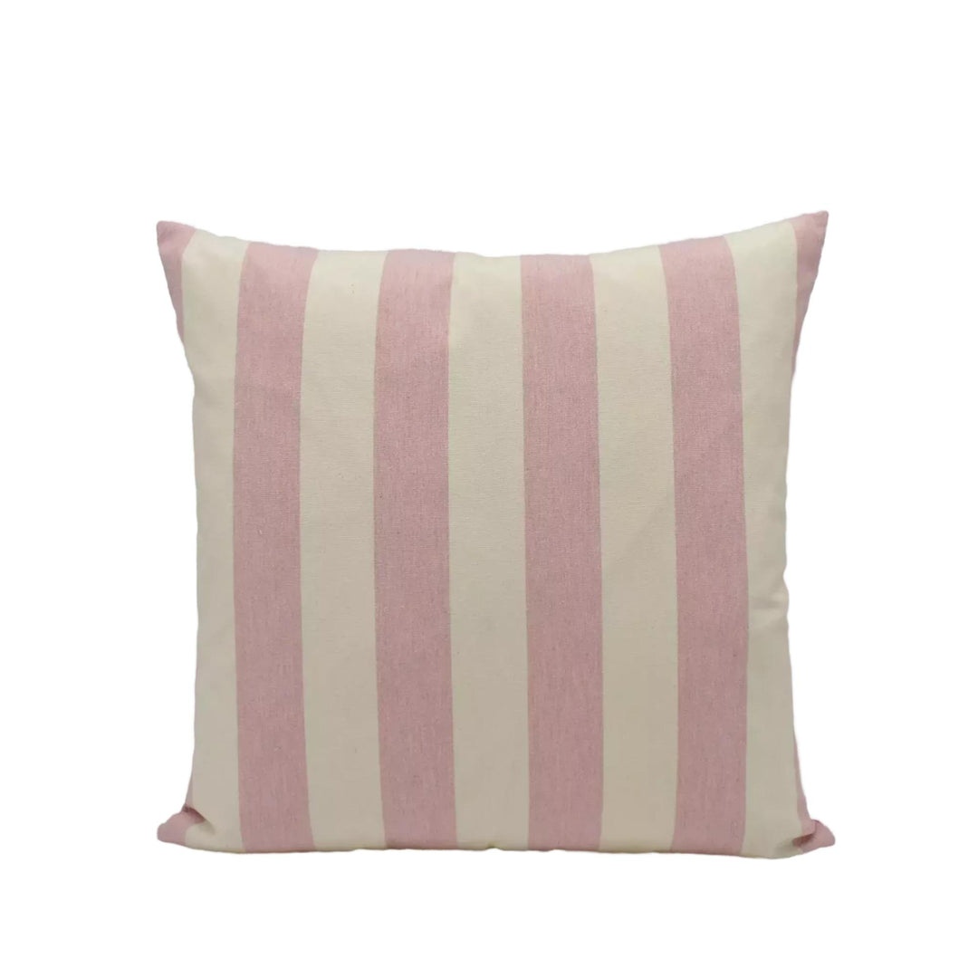 A square pillow with a striped pattern in shades of pink and cream.