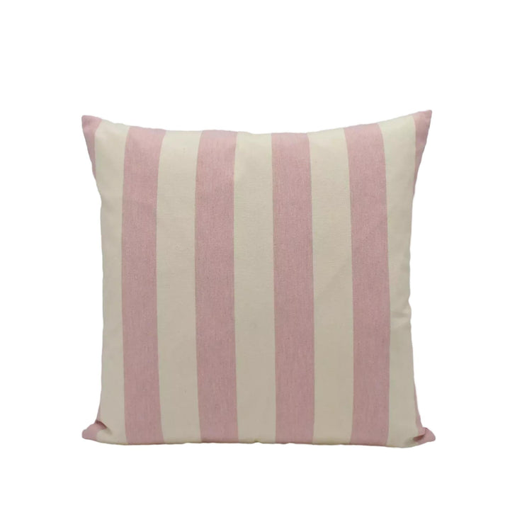 A square pillow with a striped pattern in shades of pink and cream.