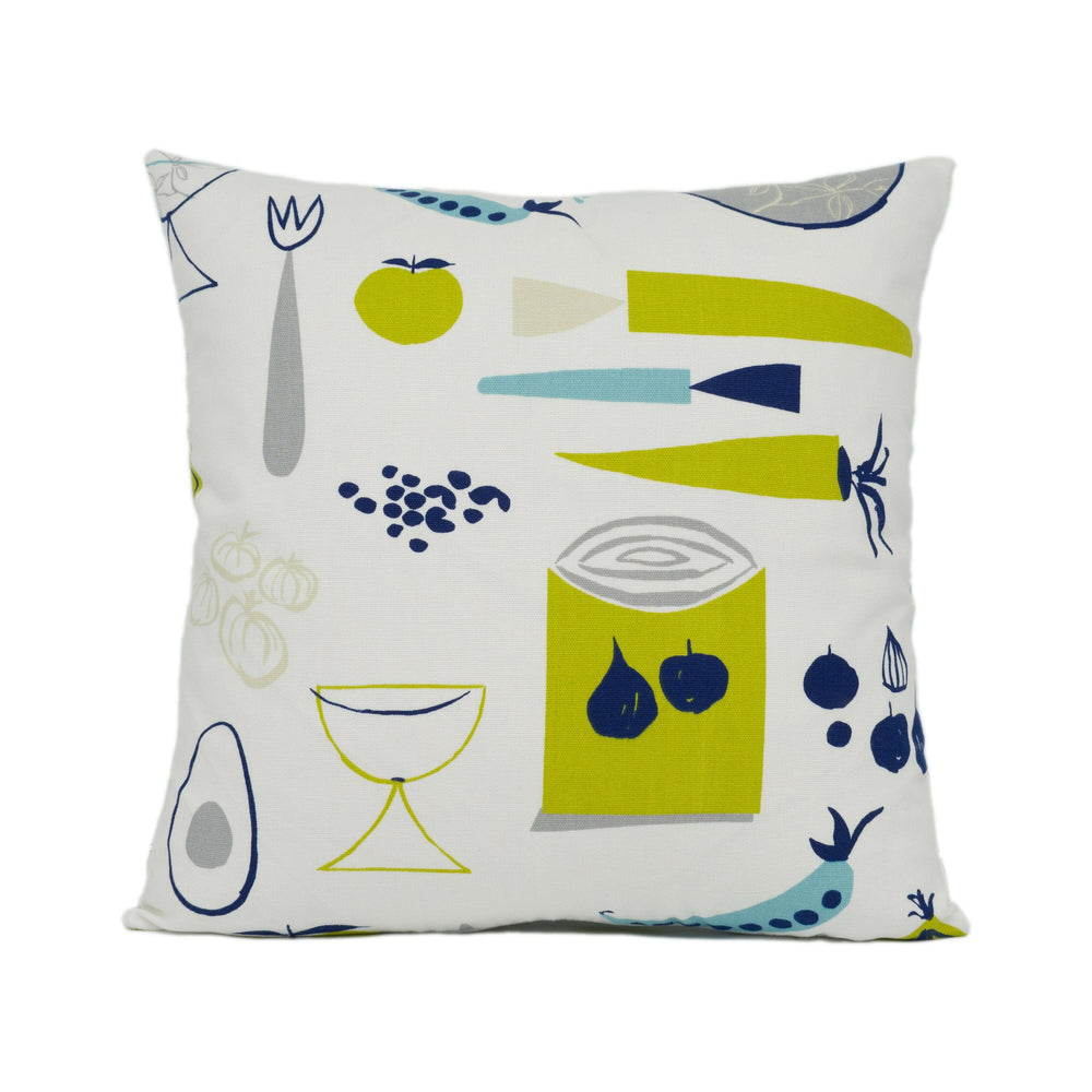 Scion - Carrots & Peas - Chalk / Lime / Teal / Denim - Whimsical Kitchen Cushion Cover - Handmade Throw Pillow Designer Home Décor.