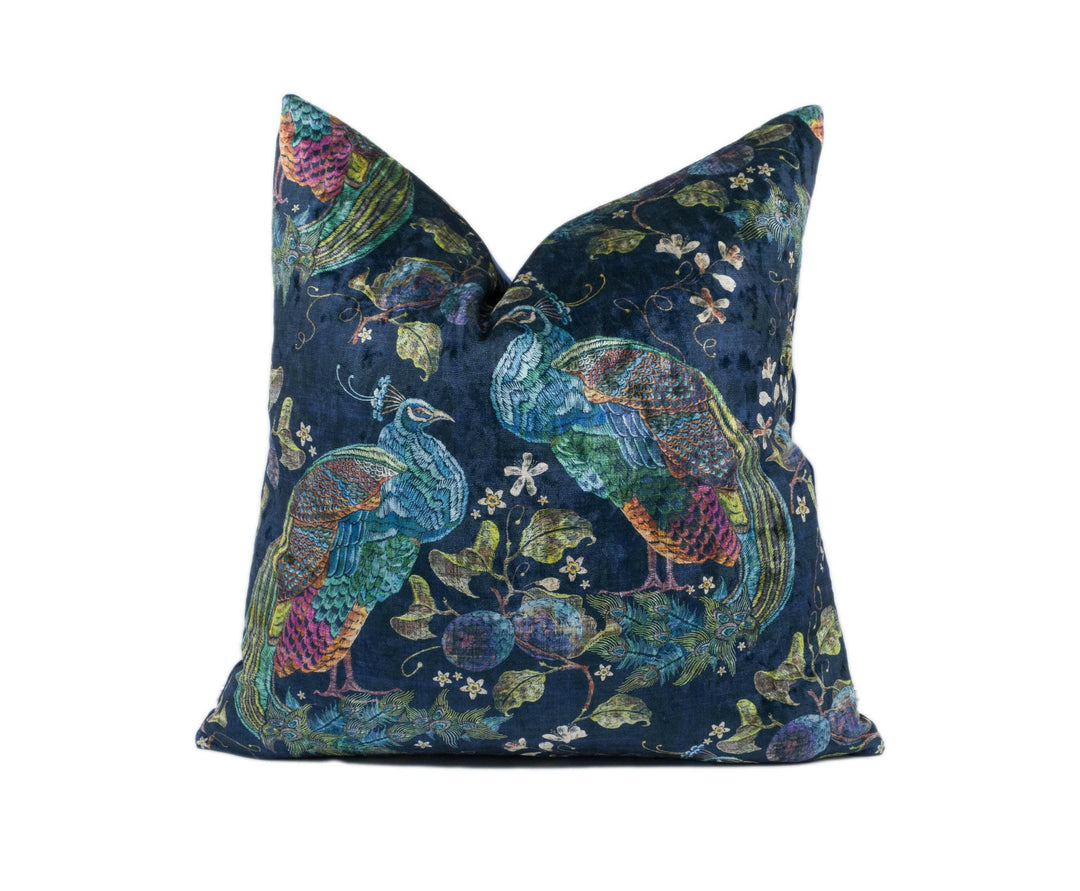 Art of the Loom - Utopia - Peacock Opulence - Navy - Stunning Designer Velvet Cushion Cover - Handmade Blue Chenille Pillow Cover - Bird.