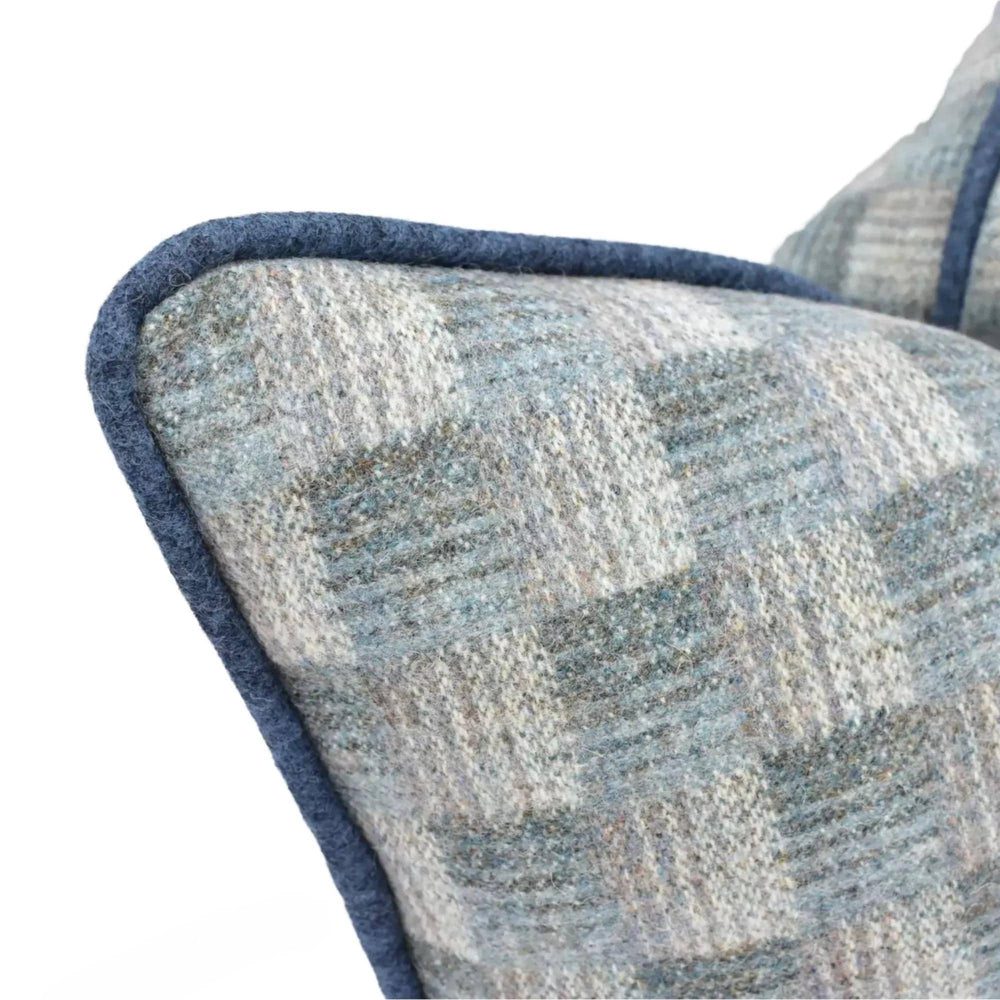 a close-up view of a blue and gray patterned pillow with a dark blue border.