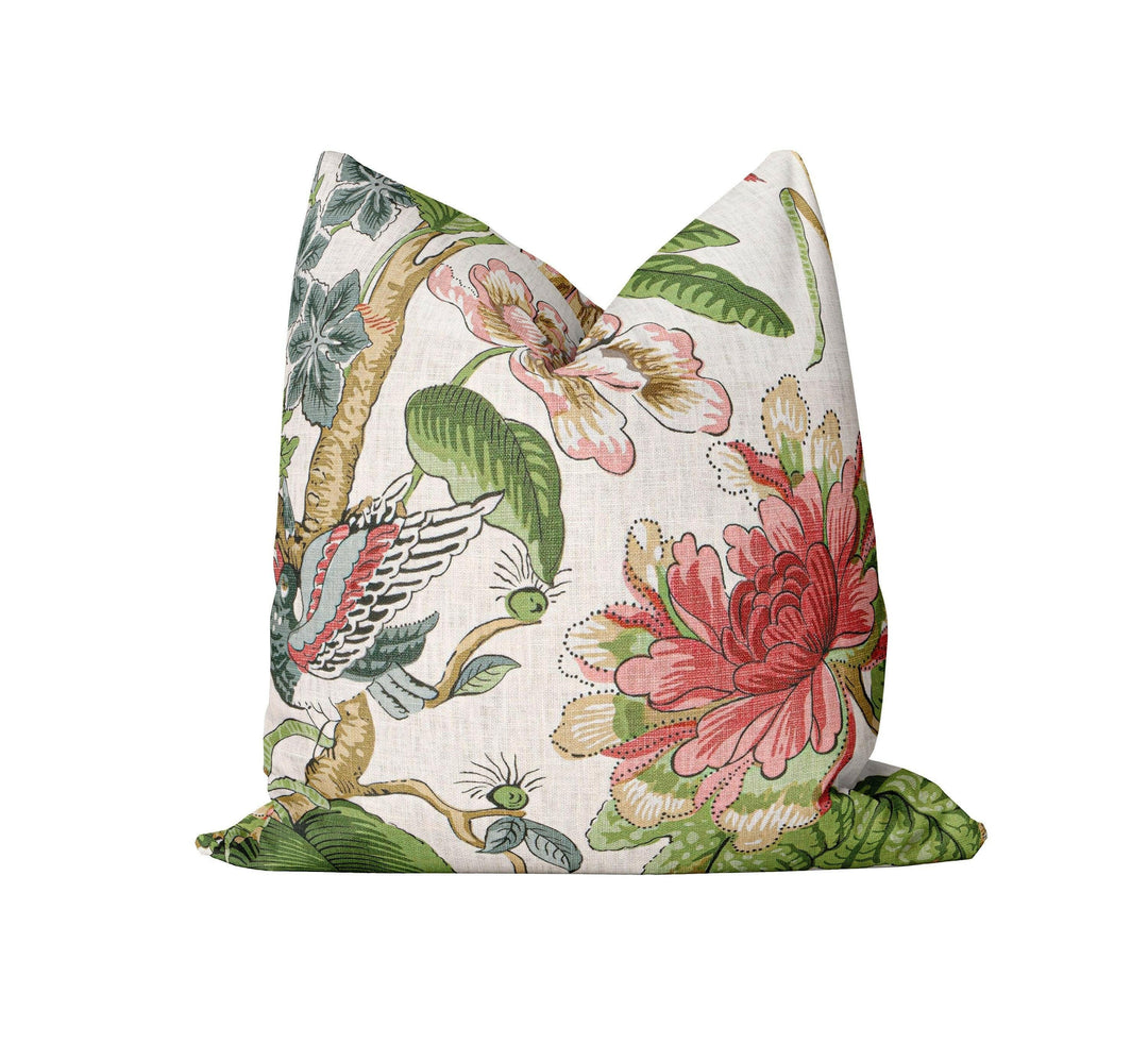 Thibaut - Hill Garden - Coral and Green - Traditional Floral Cushion Cover - Handmade Throw Pillow - Designer Home Décor.