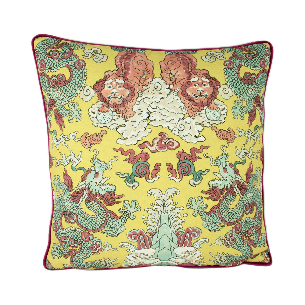 Schumacher - Magic Mountain Dragon - Yellow - Fantastical Exotic Statement Cushion Cover - Handmade Throw Pillow - Luxury Home Decor.