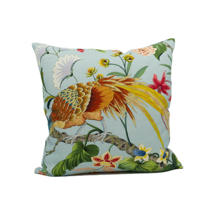 Scalamandre - Botany Bay - Sky / Multi - Majestic Floral Pheasant Cushion Cover - Handmade Throw Pillow - Designer Home Décor.