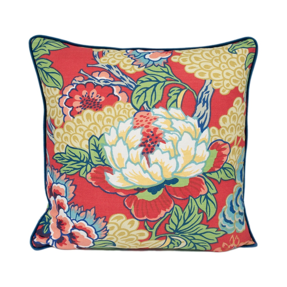 Thibaut - Honshu - Coral / Green - Large Scale Floral Japanese Garden Designer Cushion Cover - Luxury Throw Pillow - Handmade Home Decor.