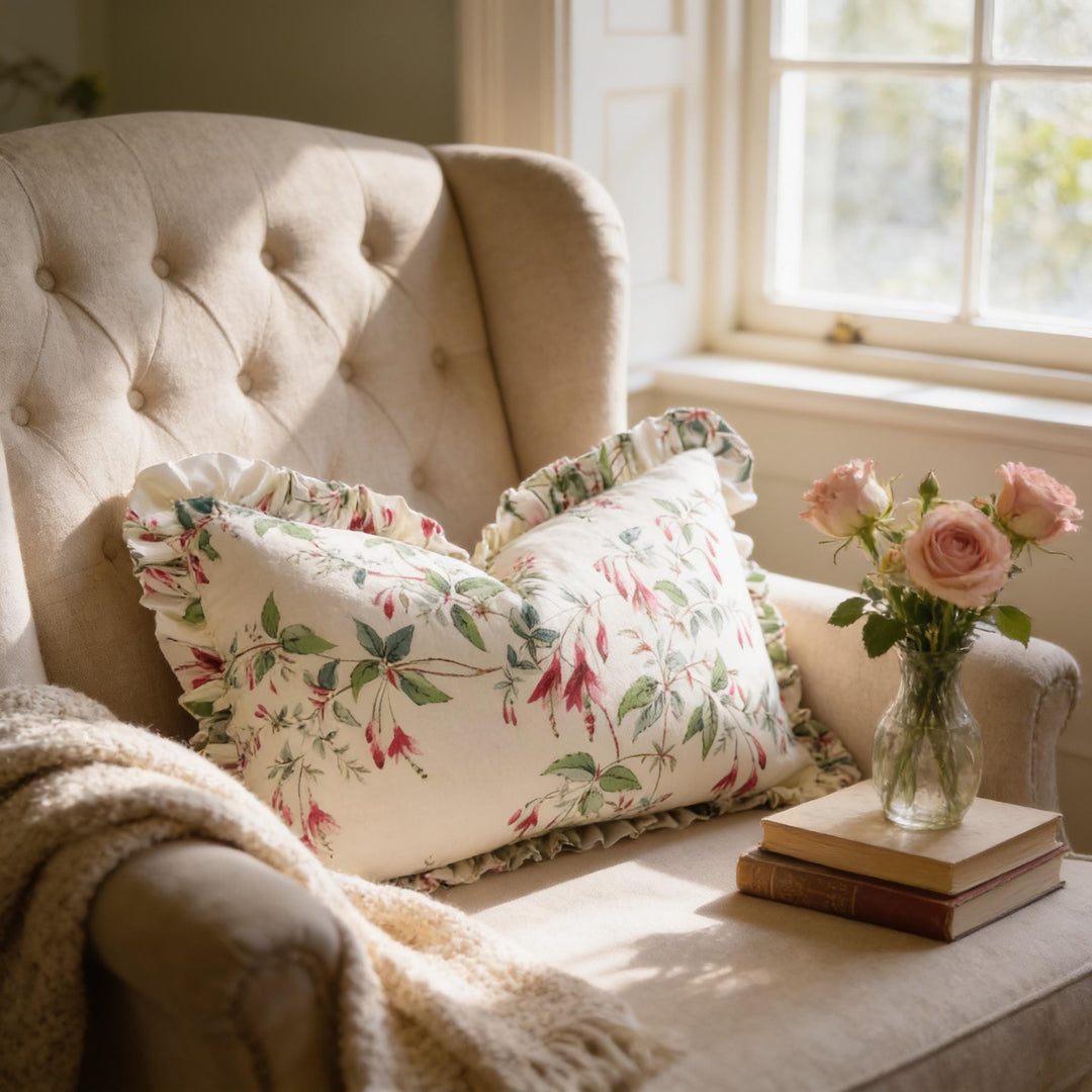 A cozy armchair with a floral pillow and a vase of pink roses on a small side table, with a stack of books and a blanket nearby, creating a warm and inviting atmosphere.