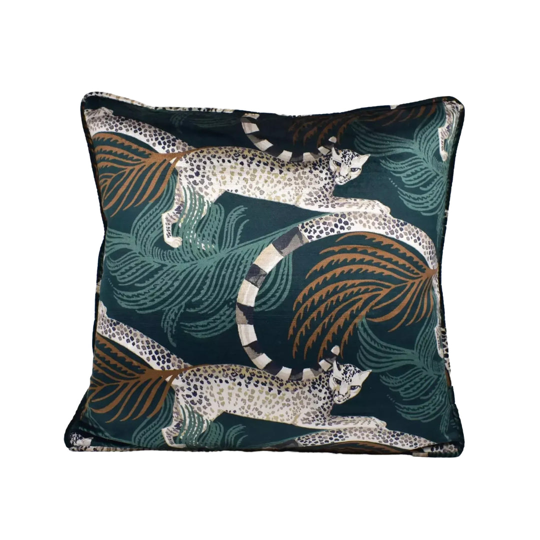 A square throw pillow with a leopard print design on a dark background.