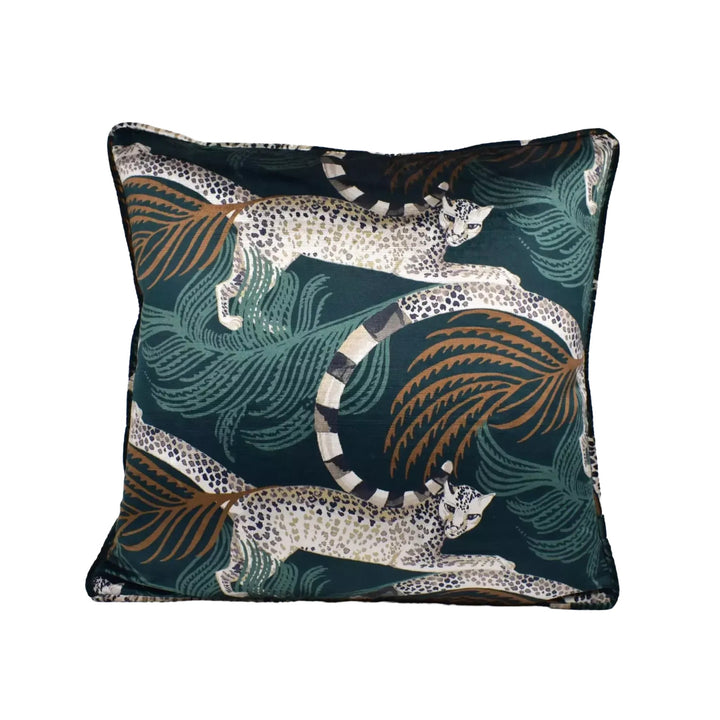 A square throw pillow with a leopard print design on a dark background.