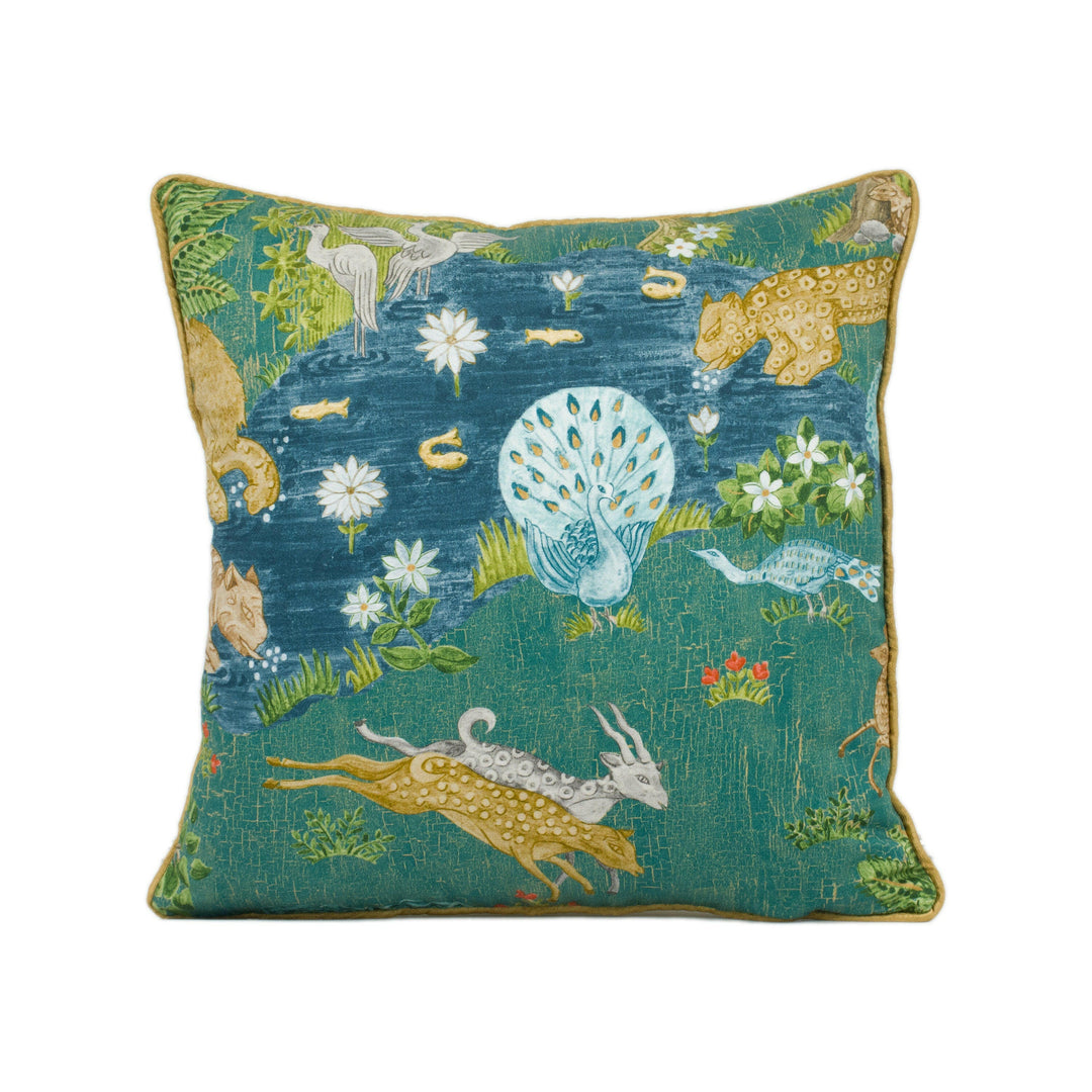 Sanderson - Pamir Garden - Teal - Persian Garden Animal Kingdom Oasis Designer Cushion Cover - Luxury Throw Pillow - Handmade Home Decor.