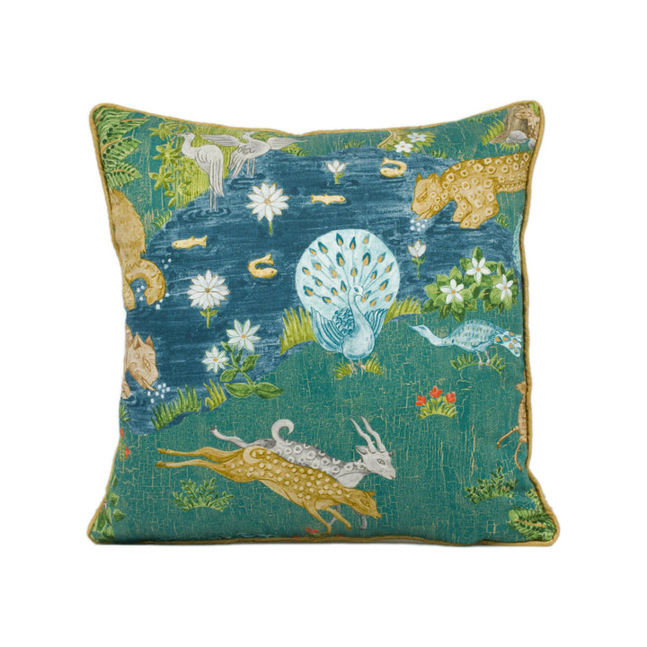 Sanderson - Pamir Garden - Teal - Persian Garden Animal Kingdom Oasis Designer Cushion Cover - Luxury Throw Pillow - Handmade Home Decor.