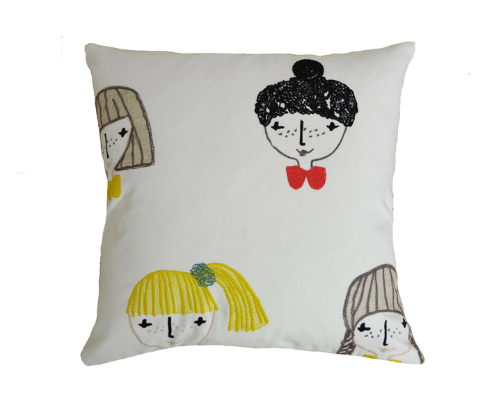 Scion - Hello Dolly - Sunshine / Tangerine / Violet - Playful Doll Head Embroidery Cushion Cover - Handmade Throw Pillow - Designer Home.