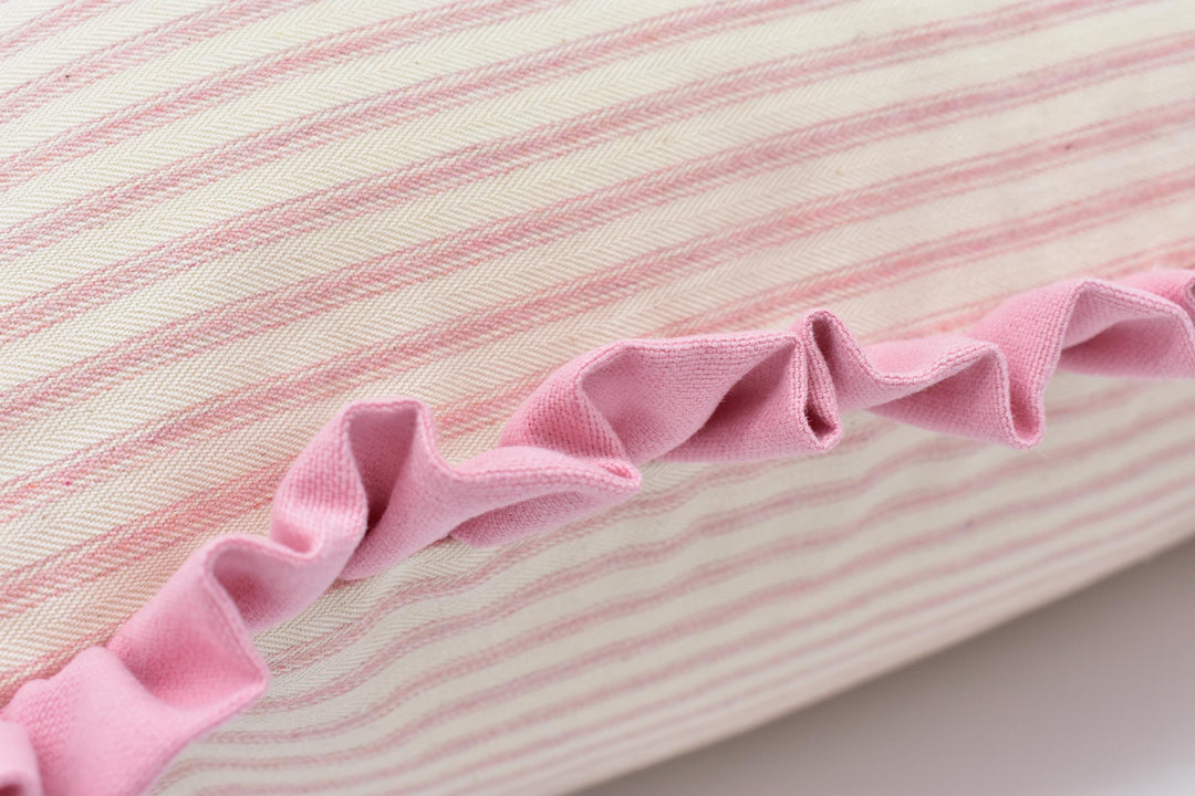 Ian Mankin – Ticking Stripe 1 – Pink – Designer Cotton Ticking Cushion with Pink Ruffle Flange