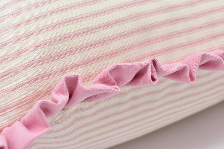 Ian Mankin – Ticking Stripe 1 – Pink – Designer Cotton Ticking Cushion with Pink Ruffle Flange