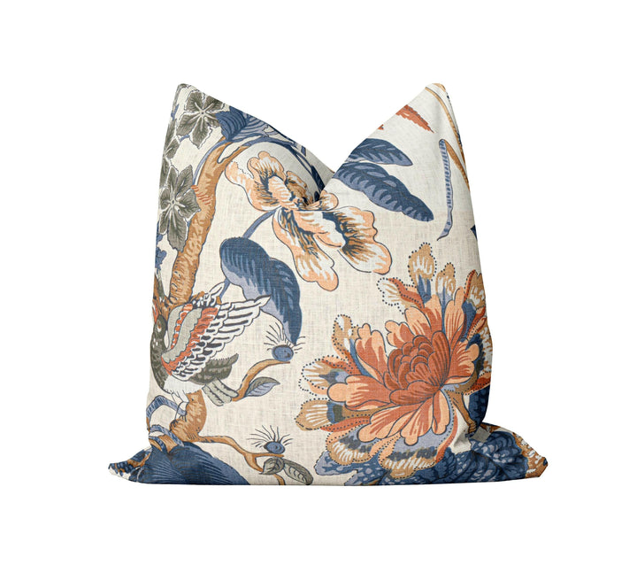 Thibaut - Hill Garden - Brick and Navy - Traditional Floral Cushion Cover - Handmade Throw Pillow - Designer Home Décor.