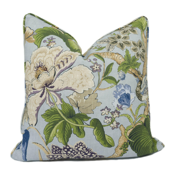 Thibaut - Hill Garden - Spa Blue - Traditional Self Piped Floral Cushion Cover - Handmade Throw Pillow - Designer Home Décor.