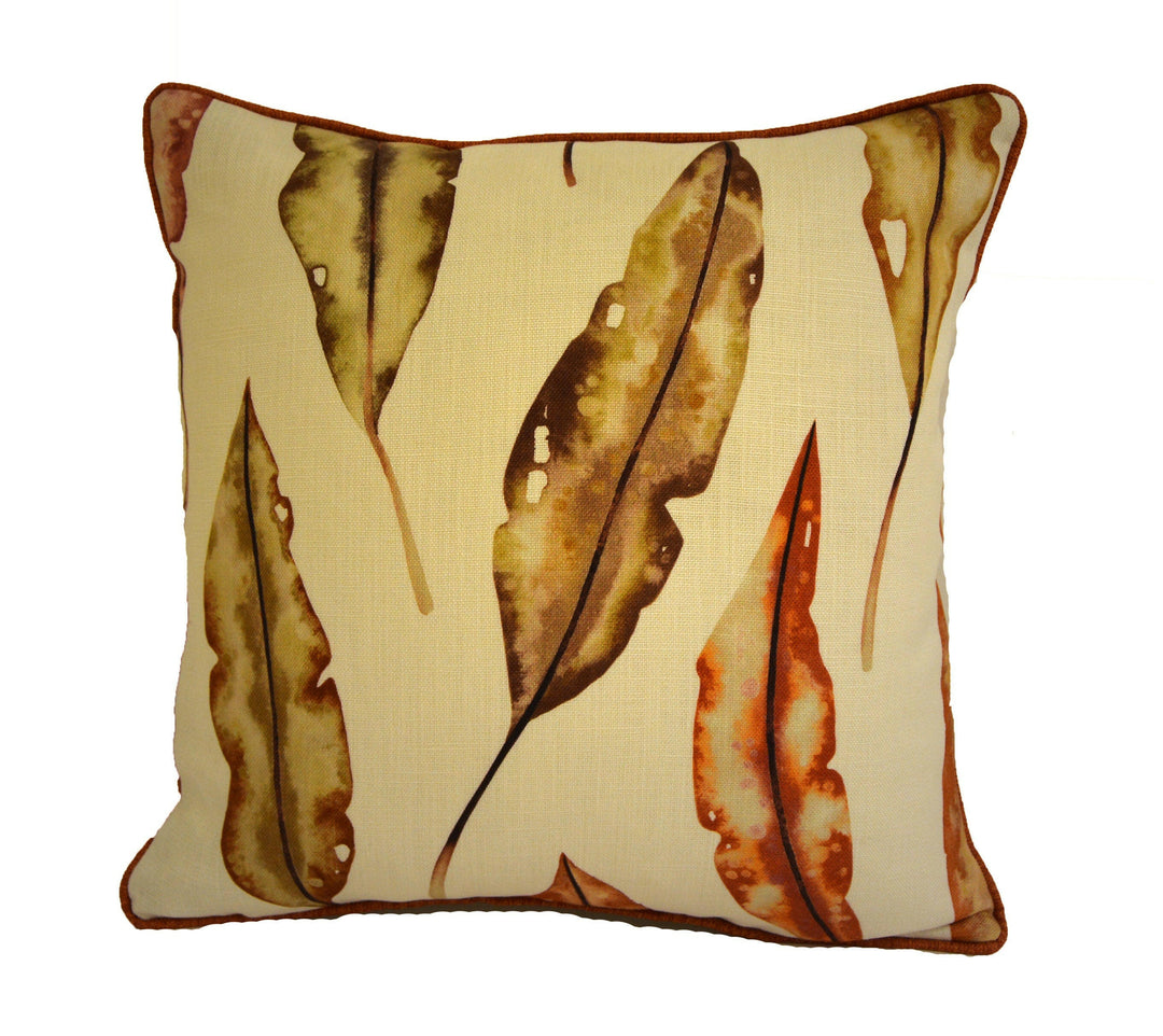 Harlequin - Kinina - Mandarin / Fig - Delicate Watercolour Leaves Cushion Cover Contrast Piped Throw Pillow Designer Home Decor.