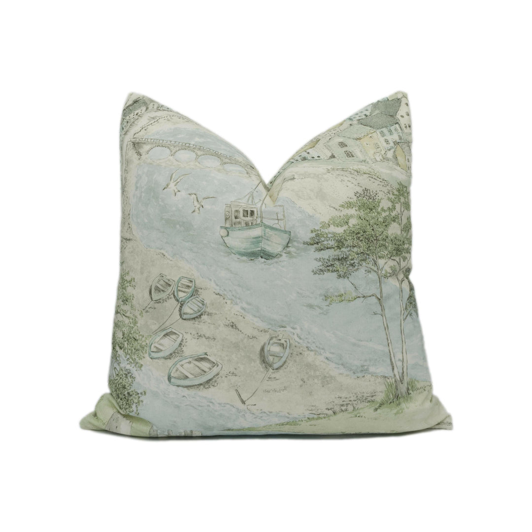 Sanderson - Sea Houses - Tidewater Blue - Tranquil Country Seaside Designer Cushion Cover - Luxury Throw Pillow - Handmade Home Decor.