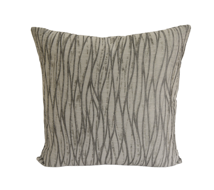 a gray and white striped pillow on a white background
