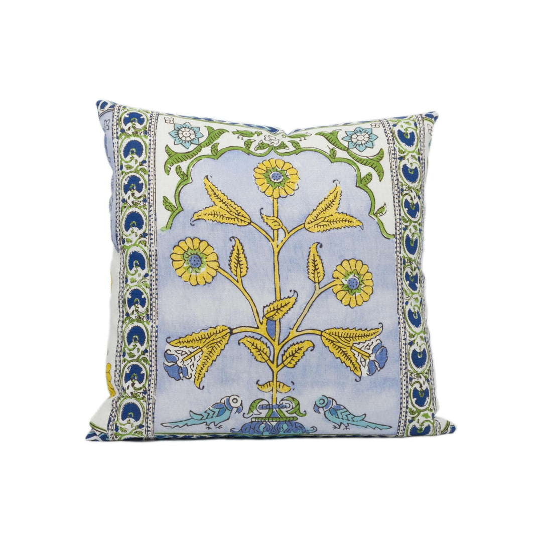 Thibaut - Indian Panel - Blue and Yellow - Vintage Block Printed Floral Indian Cushion Cover - Handmade Throw Pillow - Designer Home Décor.