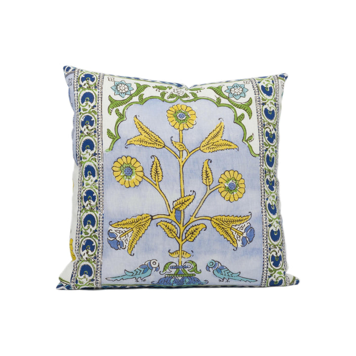 Thibaut - Indian Panel - Blue and Yellow - Vintage Block Printed Floral Indian Cushion Cover - Handmade Throw Pillow - Designer Home Décor.