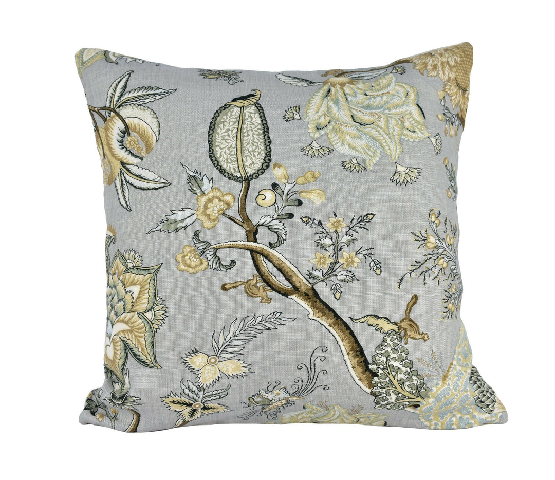 Scalamandre - Pondicherry Linen - Mineral - Bold Indian Tree of Life Floral Designer Cushion Cover Handmade Throw Pillow Luxury Home Decor.