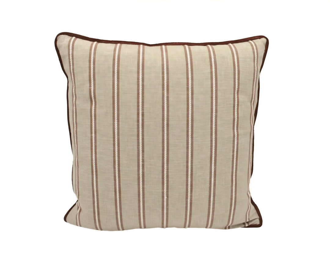 A beige and brown striped throw pillow is displayed against a white background.