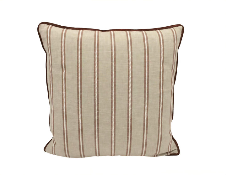 A beige and brown striped throw pillow is displayed against a white background.