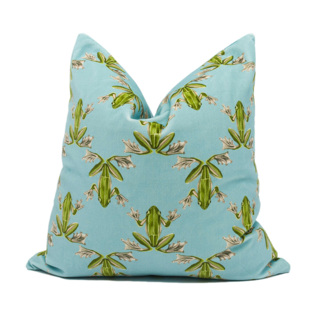 Harlequin - Wood Frog Velvet - Azul / Forest - Whimsical Trellis Pattern Frogs Cushion Cover - Handmade Throw Pillow - Designer Home Décor.