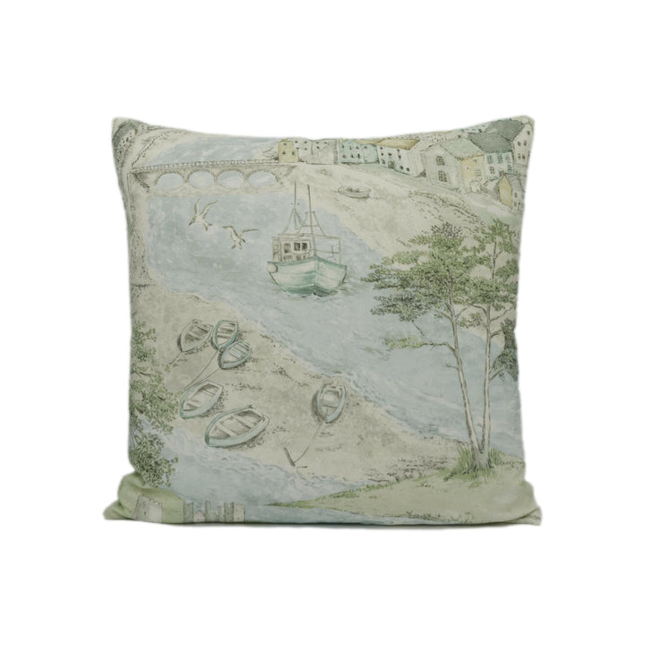 Sanderson - Sea Houses - Tidewater Blue - Tranquil Country Seaside Designer Cushion Cover - Luxury Throw Pillow - Handmade Home Decor.