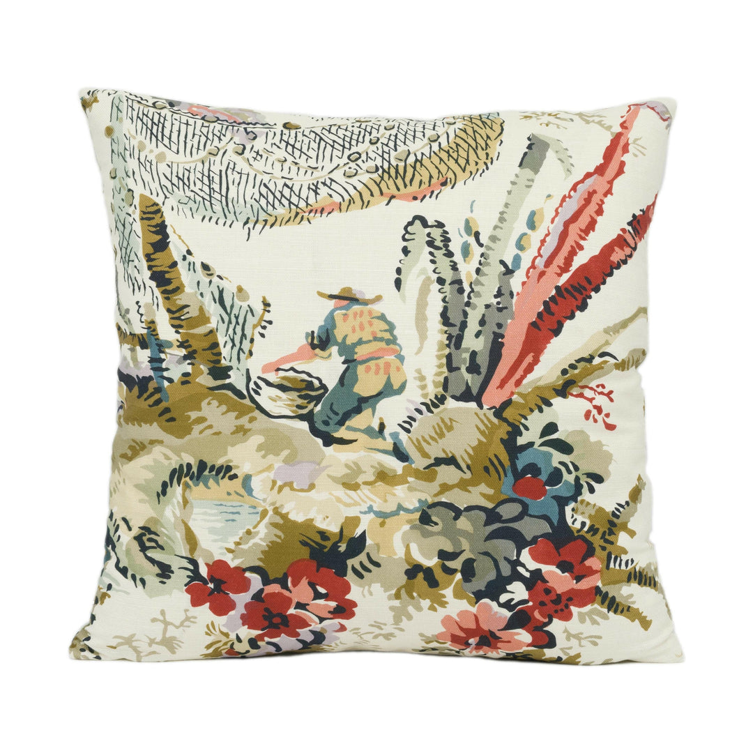 Thibaut - Moorea - Cream on Coral - 17th Century Block Print Cushion Cover - Asian Fishing Waterfall Throw Pillow - Exotic Forest Pillow.