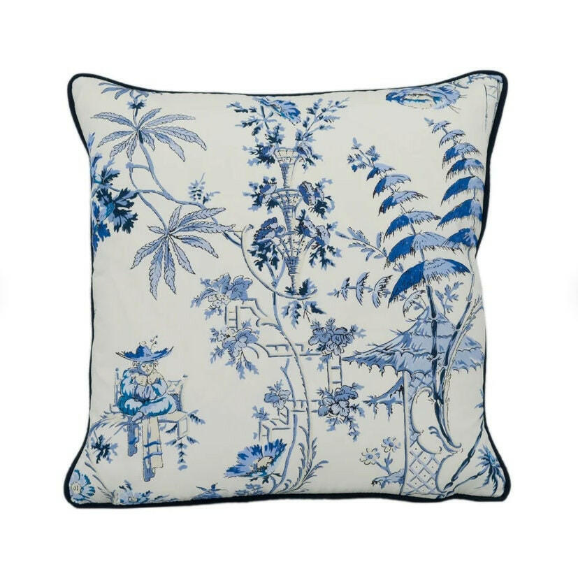 Scalamandre - Nanjing - China Blue - Ancient Chinese Chinoiserie Designer Cushion Cover - Handmade Throw Pillow Luxury Home Decor.