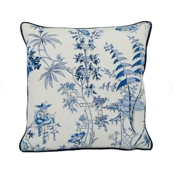 Scalamandre - Nanjing - China Blue - Ancient Chinese Chinoiserie Designer Cushion Cover - Handmade Throw Pillow Luxury Home Decor.