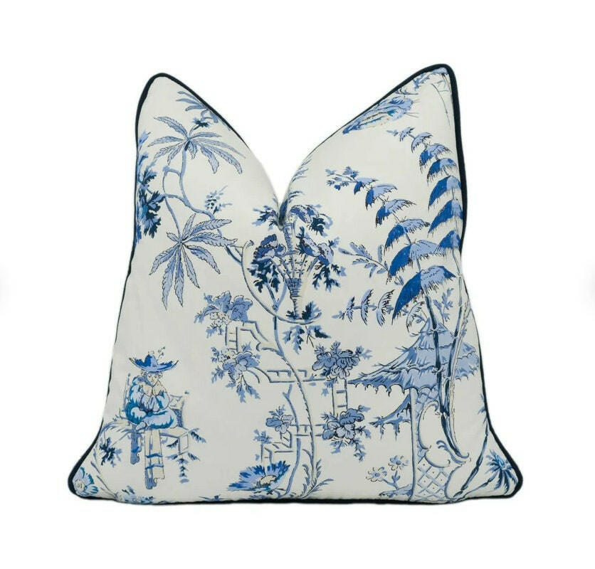 Scalamandre - Nanjing - China Blue - Ancient Chinese Chinoiserie Designer Cushion Cover - Handmade Throw Pillow Luxury Home Decor.