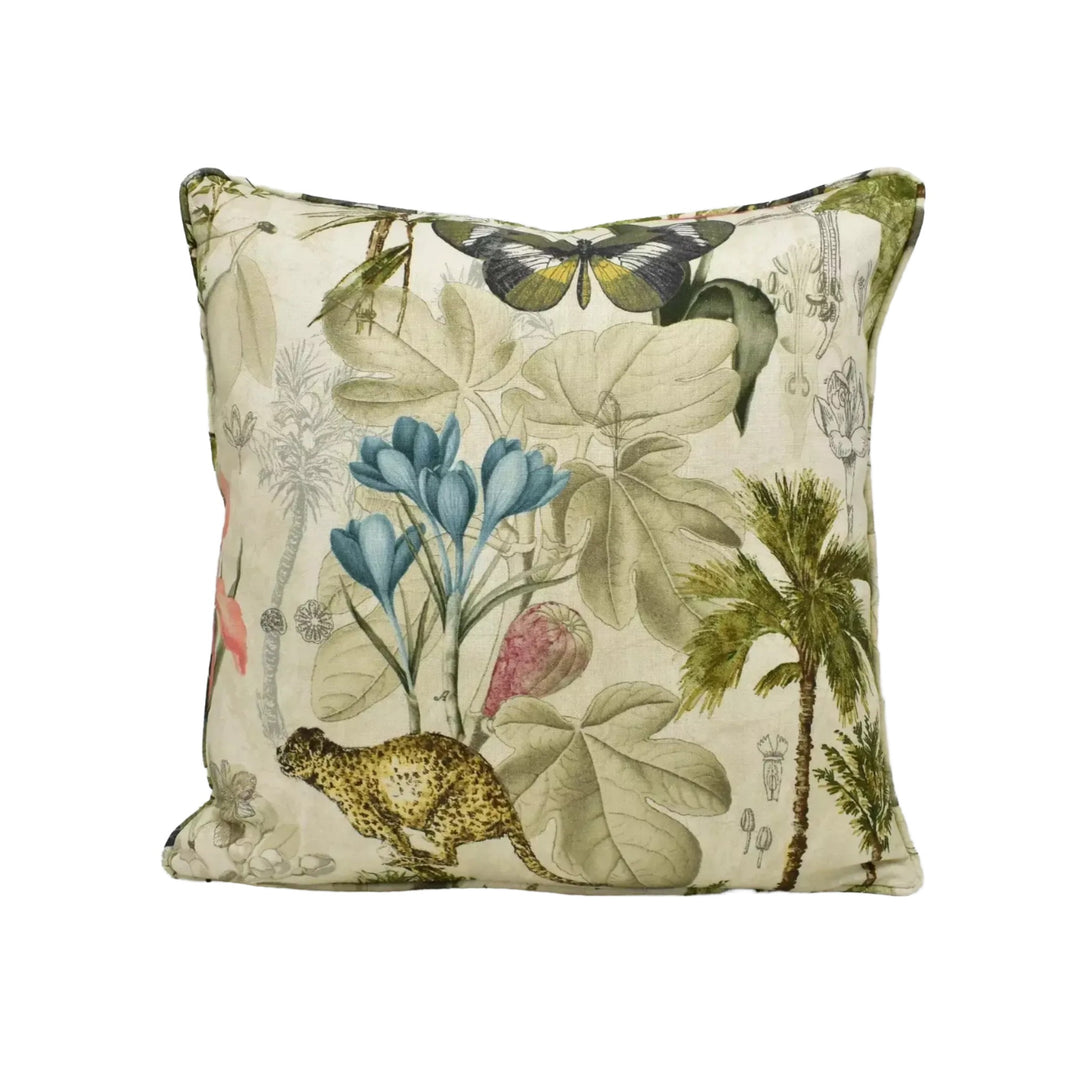 a square throw pillow with a botanical print design. The design includes various plants, flowers, and a leopard.